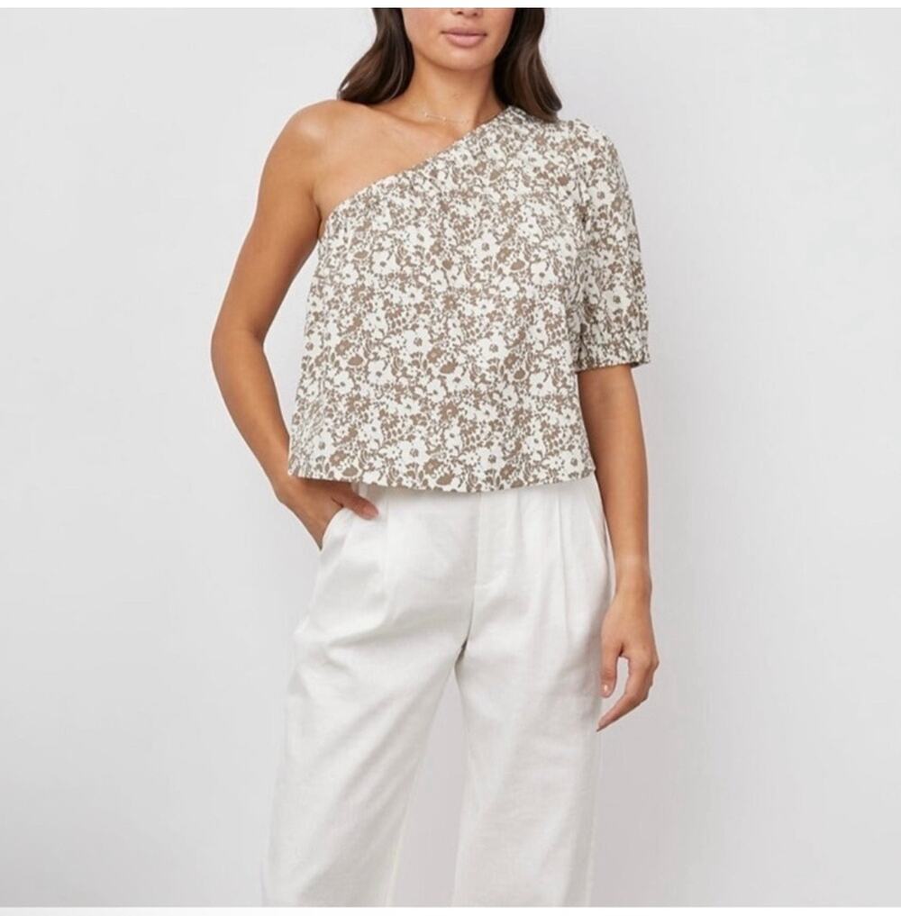 Rails Jayla Top Womens XS Tan Cream Cafe Floral One Shoulder Romantic Cottage